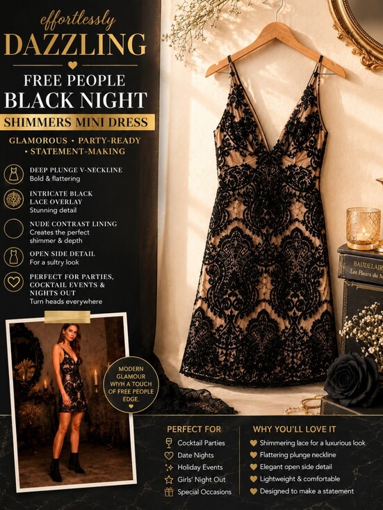 Free People Dresses & Skirts - Free People Black Night Shimmers Mini Dress NWT Plunge Party Dress